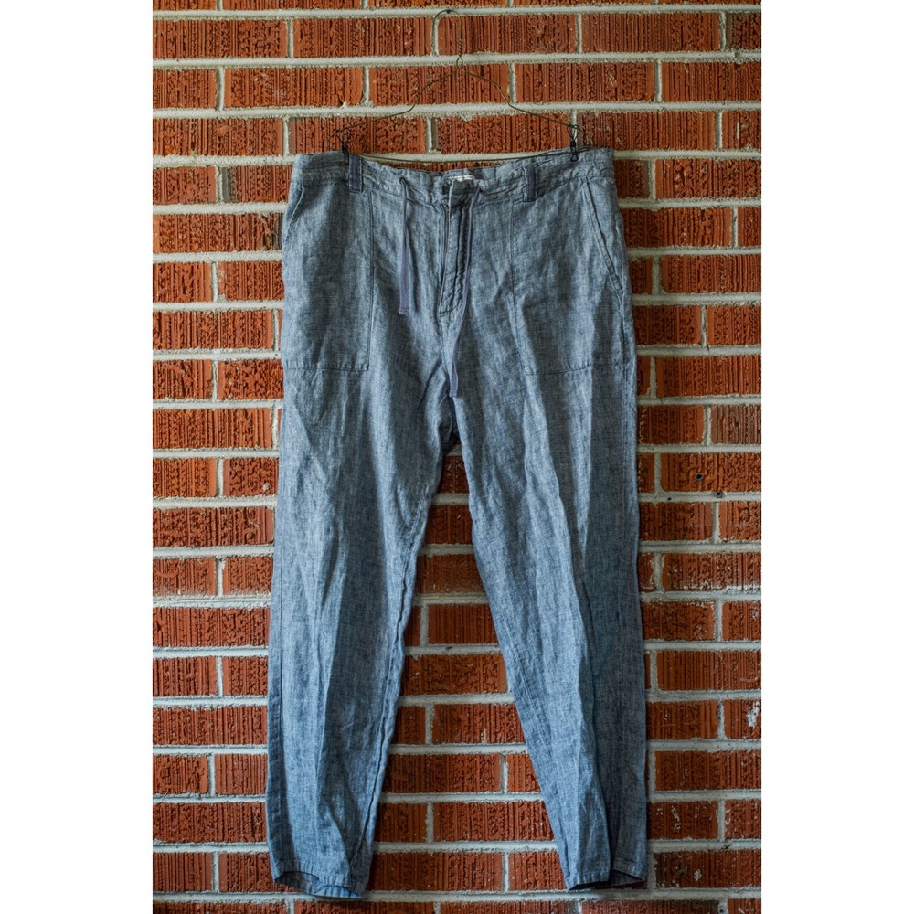 Madda Fella Blue 100% Linen Drawstring Pants Womens L Chambray Relaxed Trousers